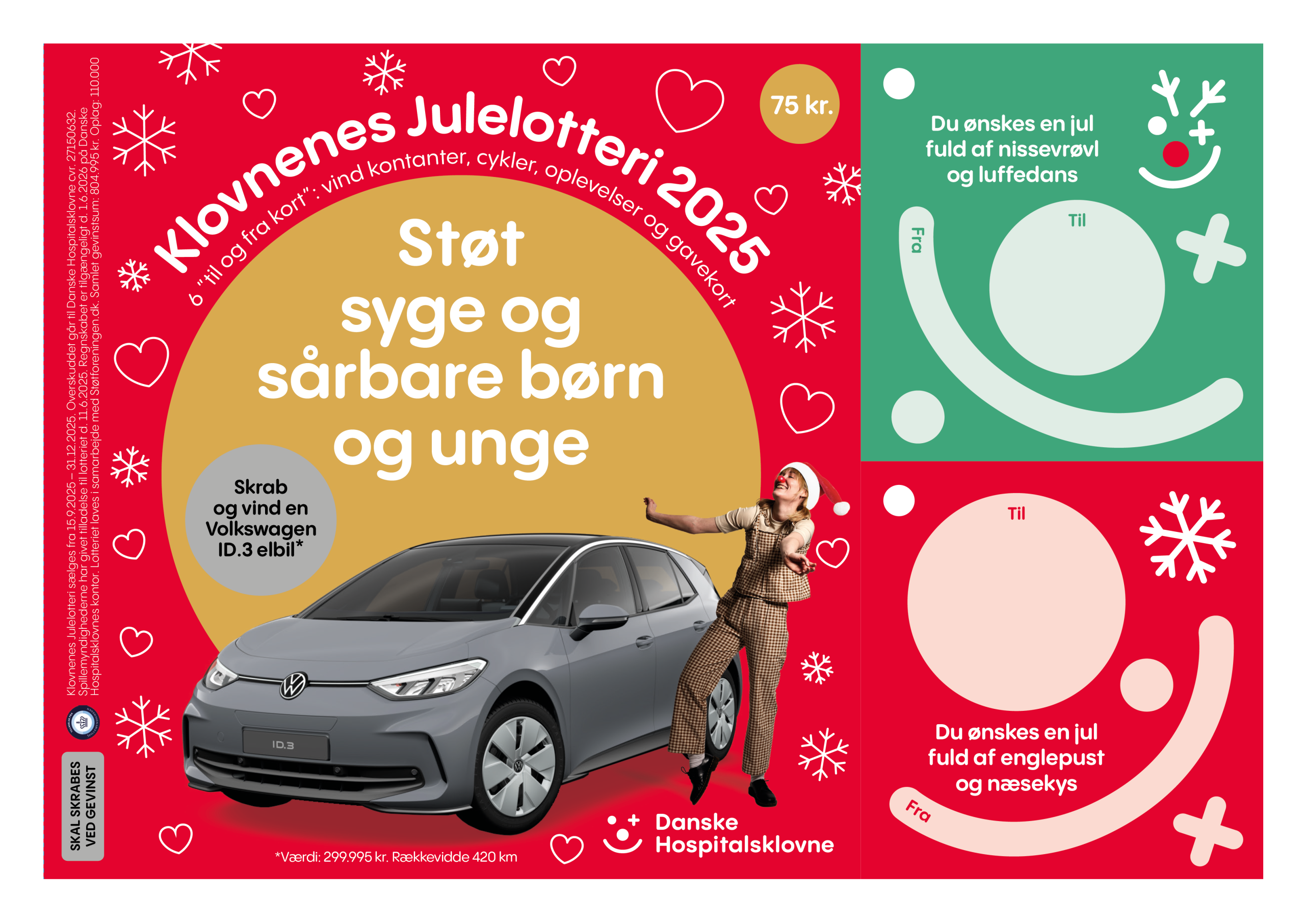 Billede af Klovnenes Julelotteri 2025. Billedet viser en forside, hvor man kan vinde en bil, samt to af de i alt seks til-og-fra-kort, man får med i pakken.