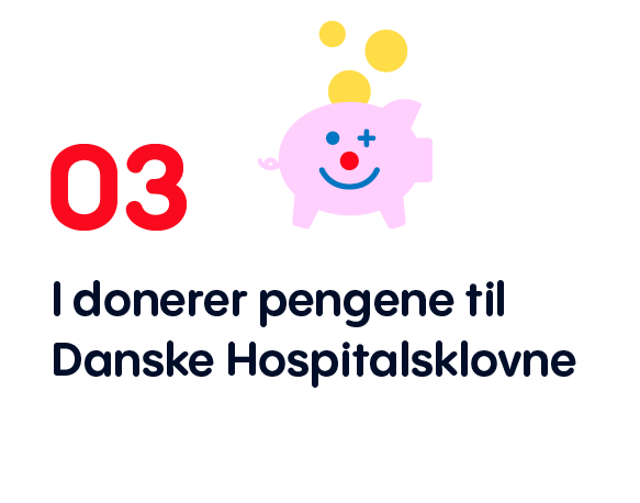 Et billede af en sparegris, hvori der hældes mønter. Hertil er teksten "I donerer pengene til Danske Hospitalsklovne". Det er tredje led i en forklaring af, hvordan man som virksomhed kan donere sin flaskepant til os.
