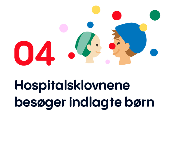 Et billede, der skal illustrere en klovn og et barn. Hertil er teksten "Hospitalsklovnene besøger indlagte børn". Det er fjerde led i en forklaring af, hvordan man som virksomhed kan donere sin flaskepant til os.
