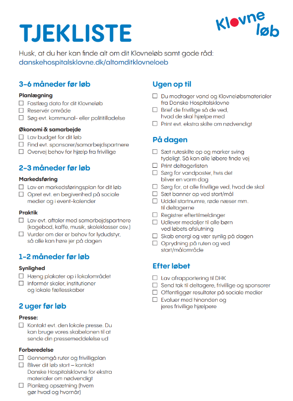 Tjekliste til klovneløbsarrangører